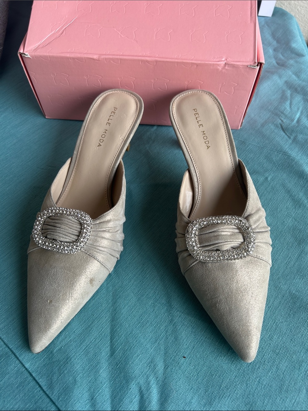 Pelle Moda Champagne Pointed Toe Mule with Rhinestone Buckle